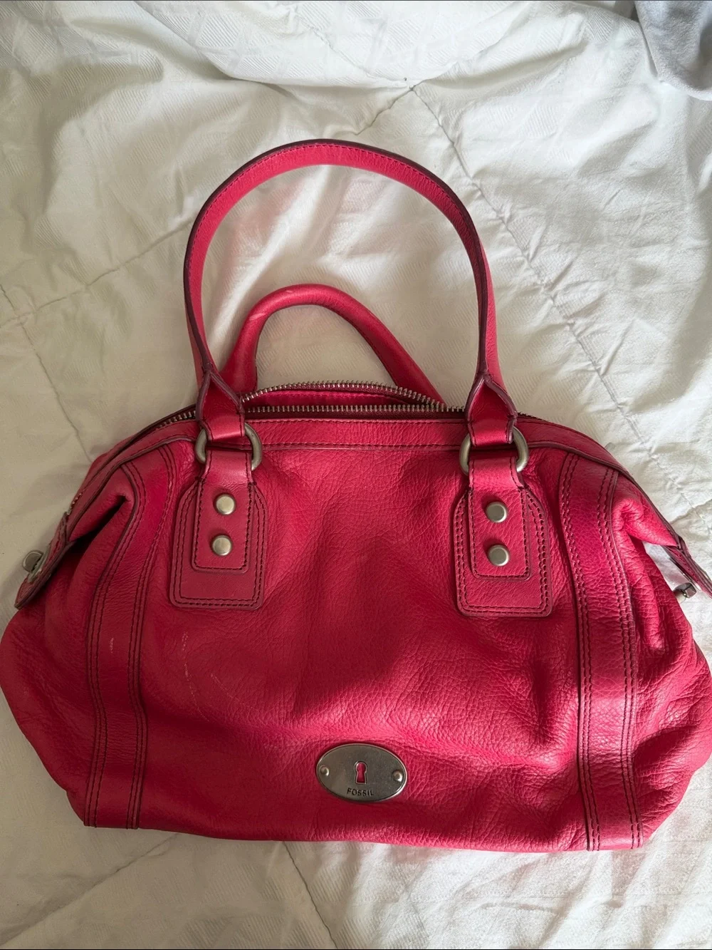 Fossil Hot Pink Leather Satchel Handbag